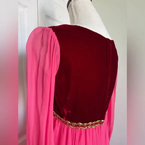 1970s Fuchsia Pink and Red Velvet Holiday Cottagecore Maxi Dress - Picture 11 of 15